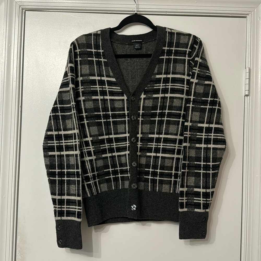 Club Monaco Gray Plaid Wool Cardigan Sweater Size XS. Great Condition!